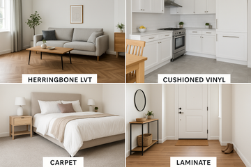 Comprehensive room-by-room flooring guide showing different flooring types for living room, kitchen, bedroom, bathroom, and entryway spaces