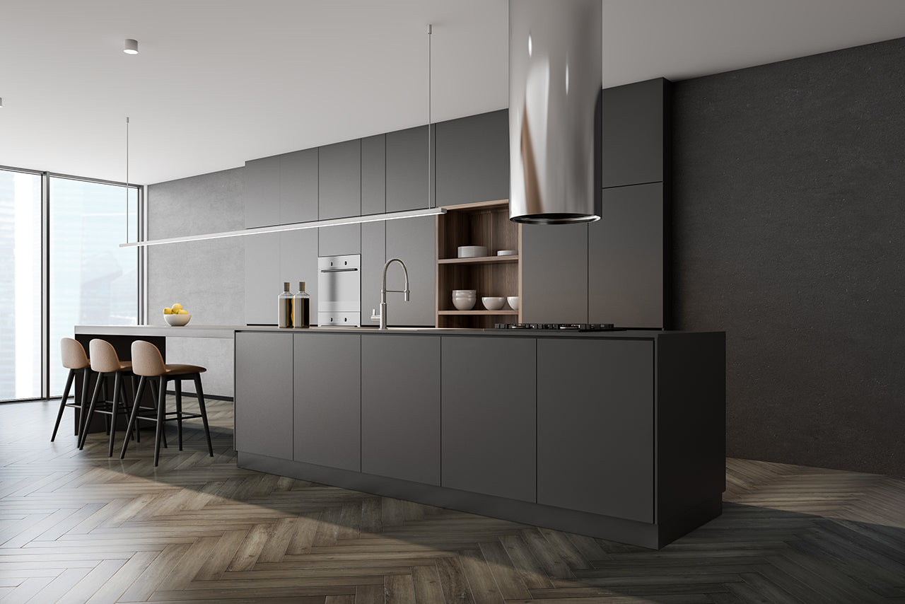 Contemporary kitchen featuring Luvanto Dryback Herringbone Flooring in dark wood tone. Durable LVT for stylish interiors.