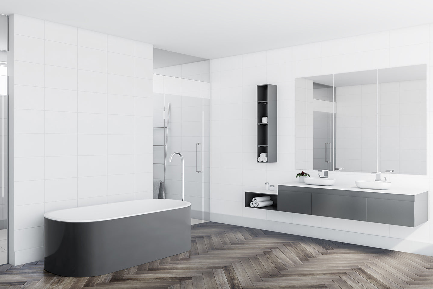 Modern bathroom with Luvanto Dryback Herringbone Flooring in grey wood finish. Waterproof LVT ideal for wet areas.