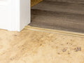 Solid brass trim strip neatly joining tile and wood floors at a doorway, enhancing flooring continuity and finish.