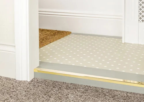 Made-to-order solid brass edge lip for flooring transitions. Premier Trims design for mat well and carpet junctions.