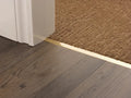 Brass transition strip joining laminate wood and carpet flooring, providing a sleek and seamless doorway finish.