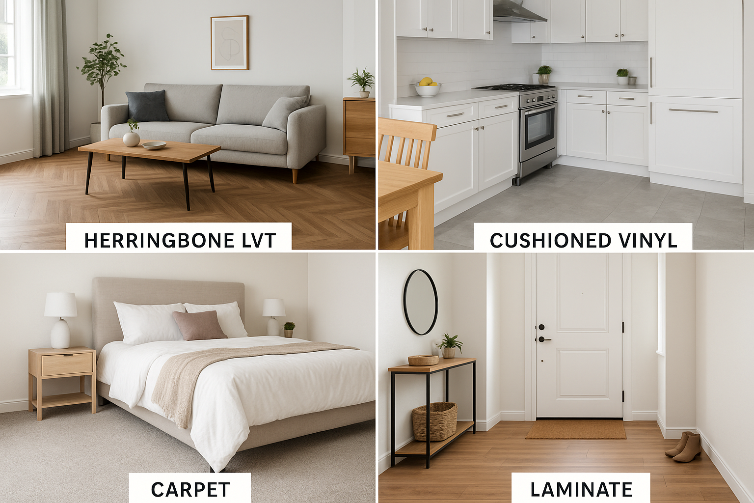 Comprehensive room-by-room flooring guide showing different flooring types for living room, kitchen, bedroom, bathroom, and entryway spaces