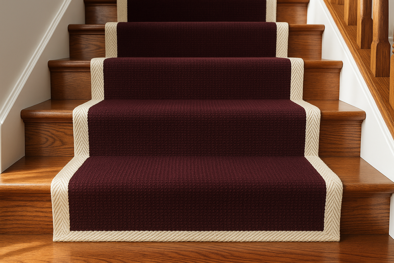 Elegant wooden staircase with professionally installed carpet runner featuring 2-inch cotton herringbone binding tape along both edges, showcasing premium carpet installation craftsmanship