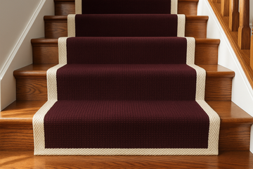Elegant wooden staircase with professionally installed carpet runner featuring 2-inch cotton herringbone binding tape along both edges, showcasing premium carpet installation craftsmanship