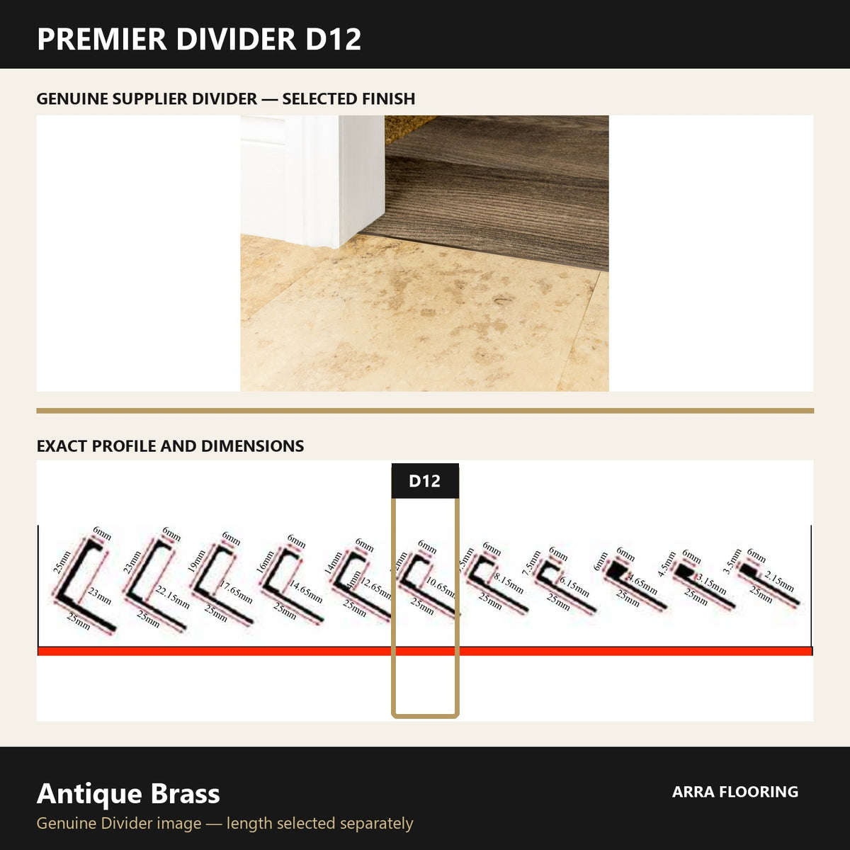 Premier Divider D12 in Antique Brass — genuine Divider image and dimensioned profile
