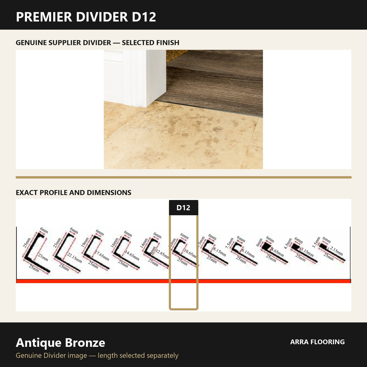Premier Divider D12 in Antique Bronze — genuine Divider image and dimensioned profile