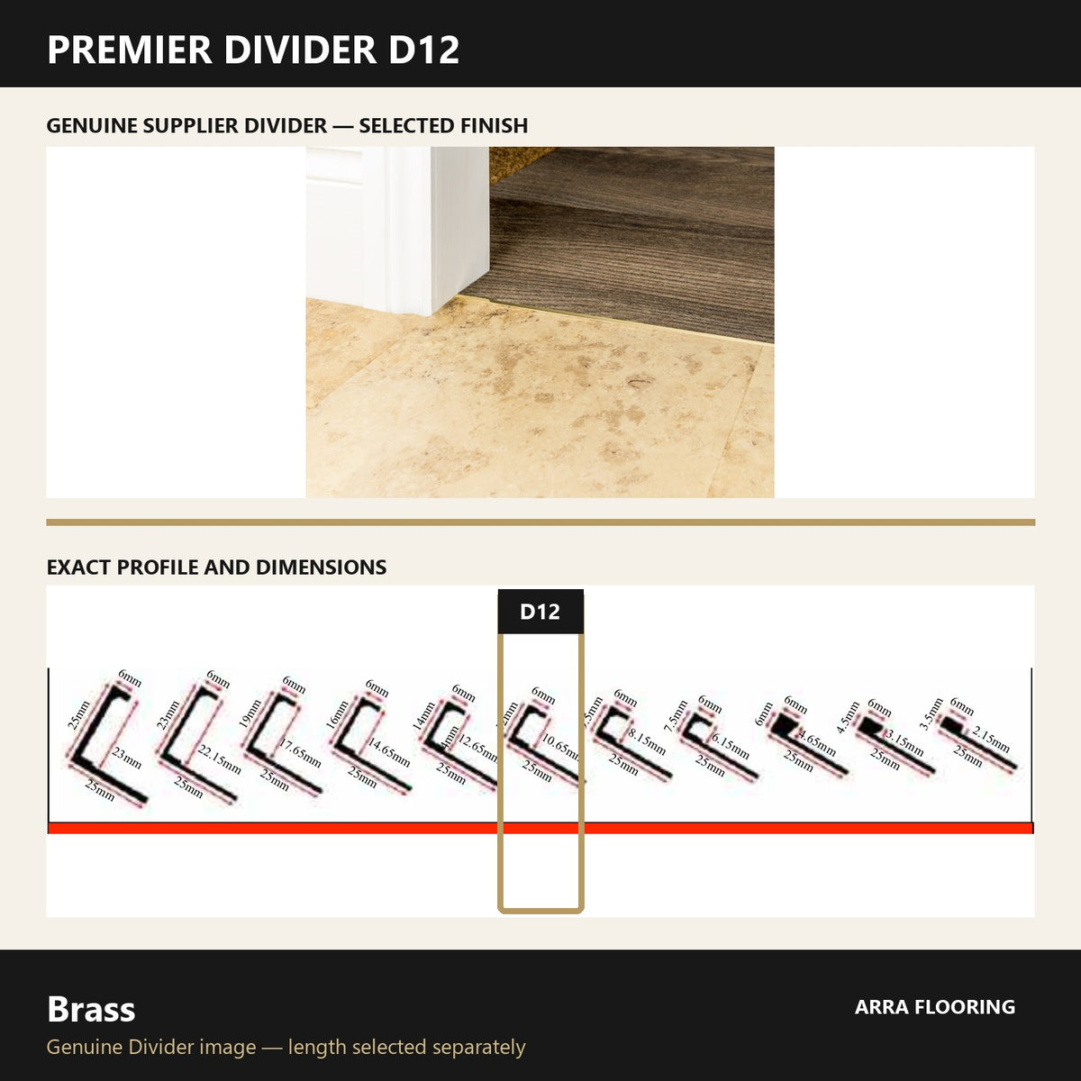 Premier Divider D12 in Brass — genuine Divider image and dimensioned profile