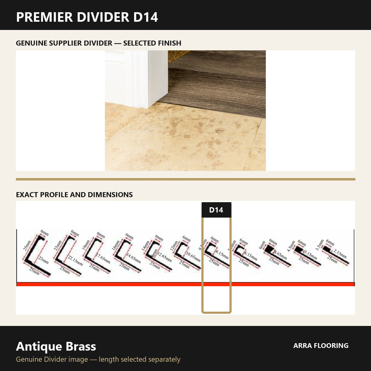 Premier Divider D14 in Antique Brass — genuine Divider image and dimensioned profile