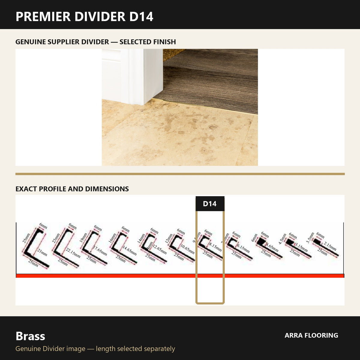 Premier Divider D14 in Brass — genuine Divider image and dimensioned profile