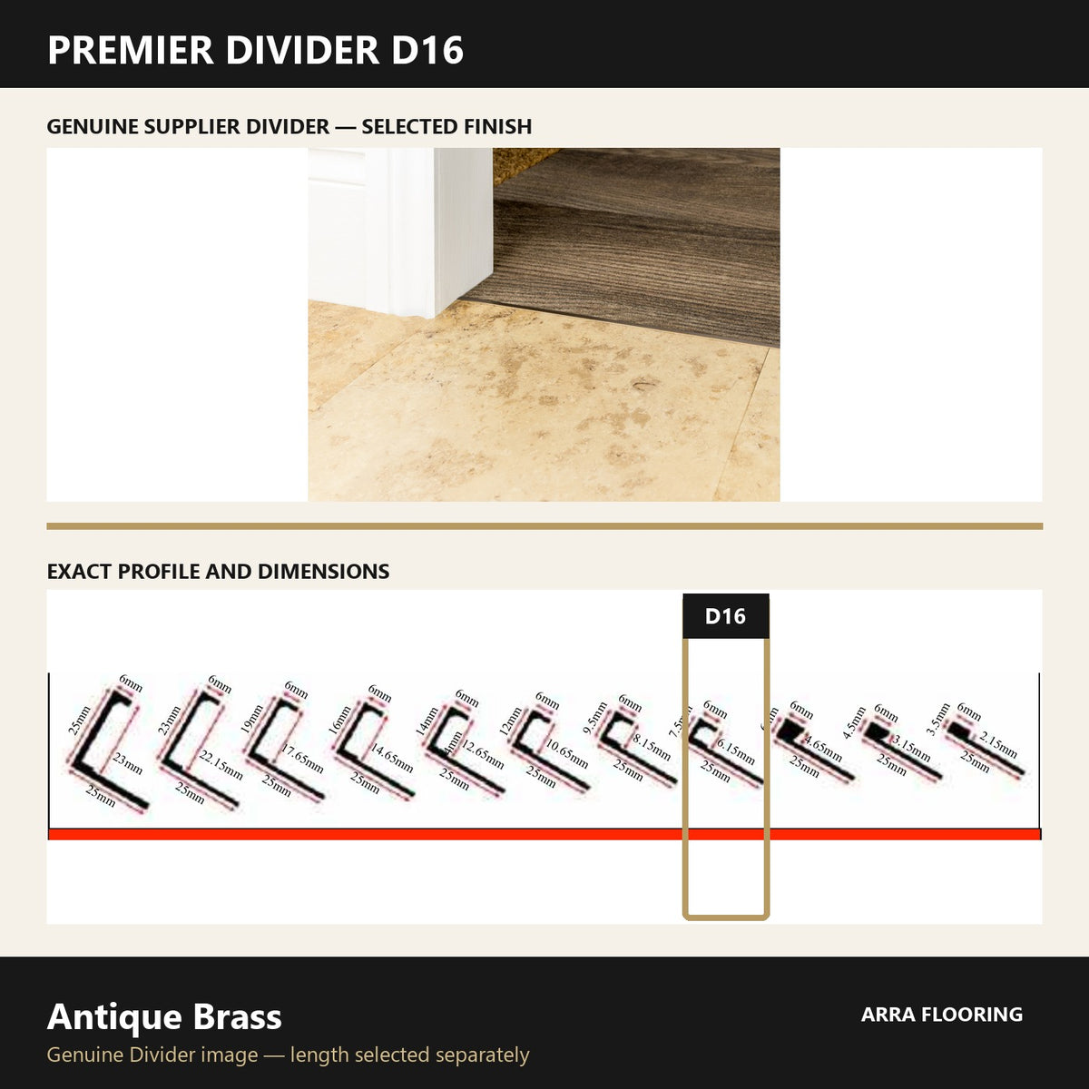 Premier Divider D16 in Antique Brass — genuine Divider image and dimensioned profile