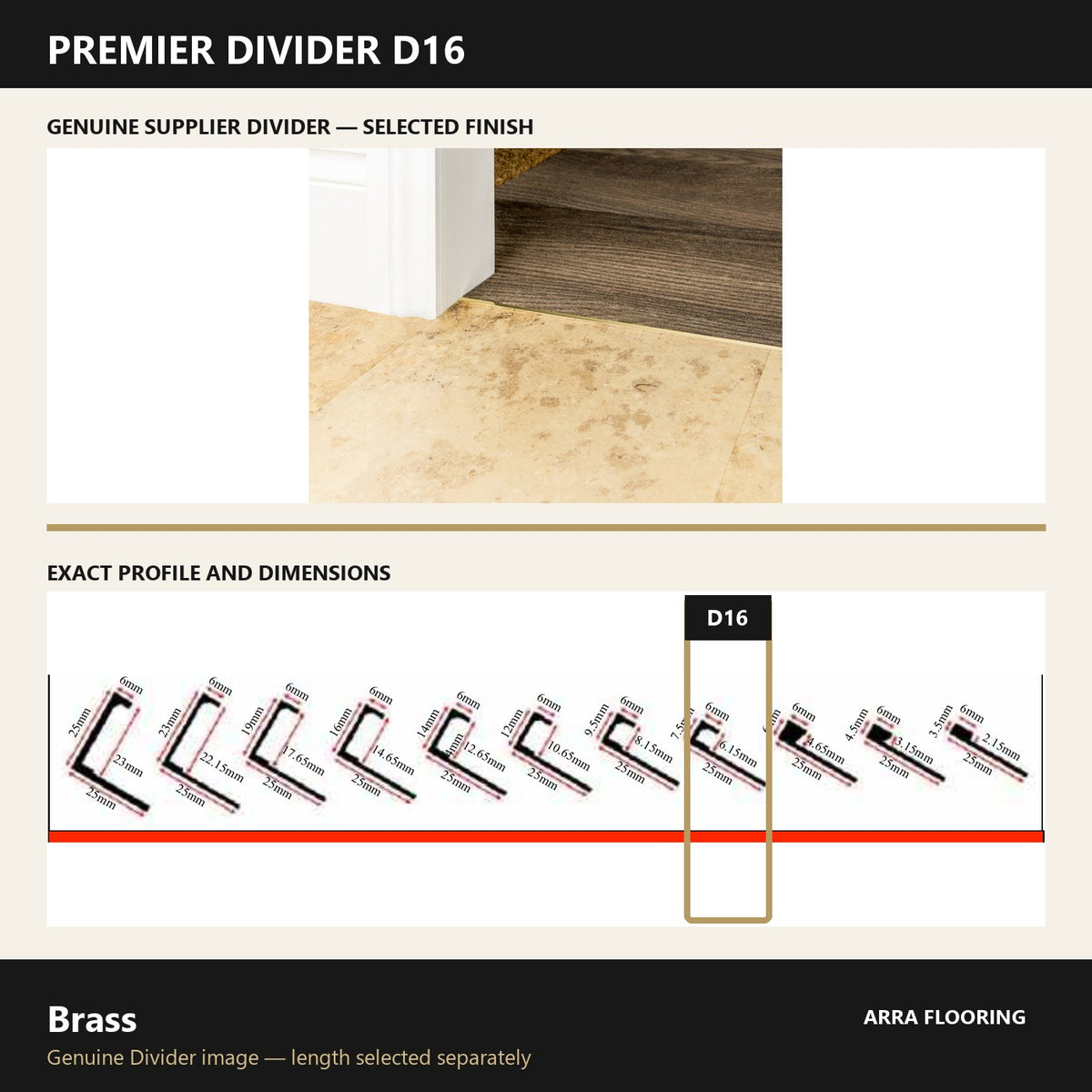 Premier Divider D16 in Brass — genuine Divider image and dimensioned profile