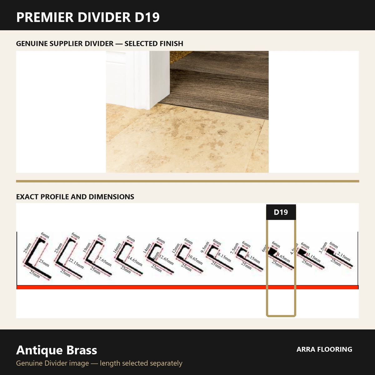 Premier Divider D19 in Antique Brass — genuine Divider image and dimensioned profile