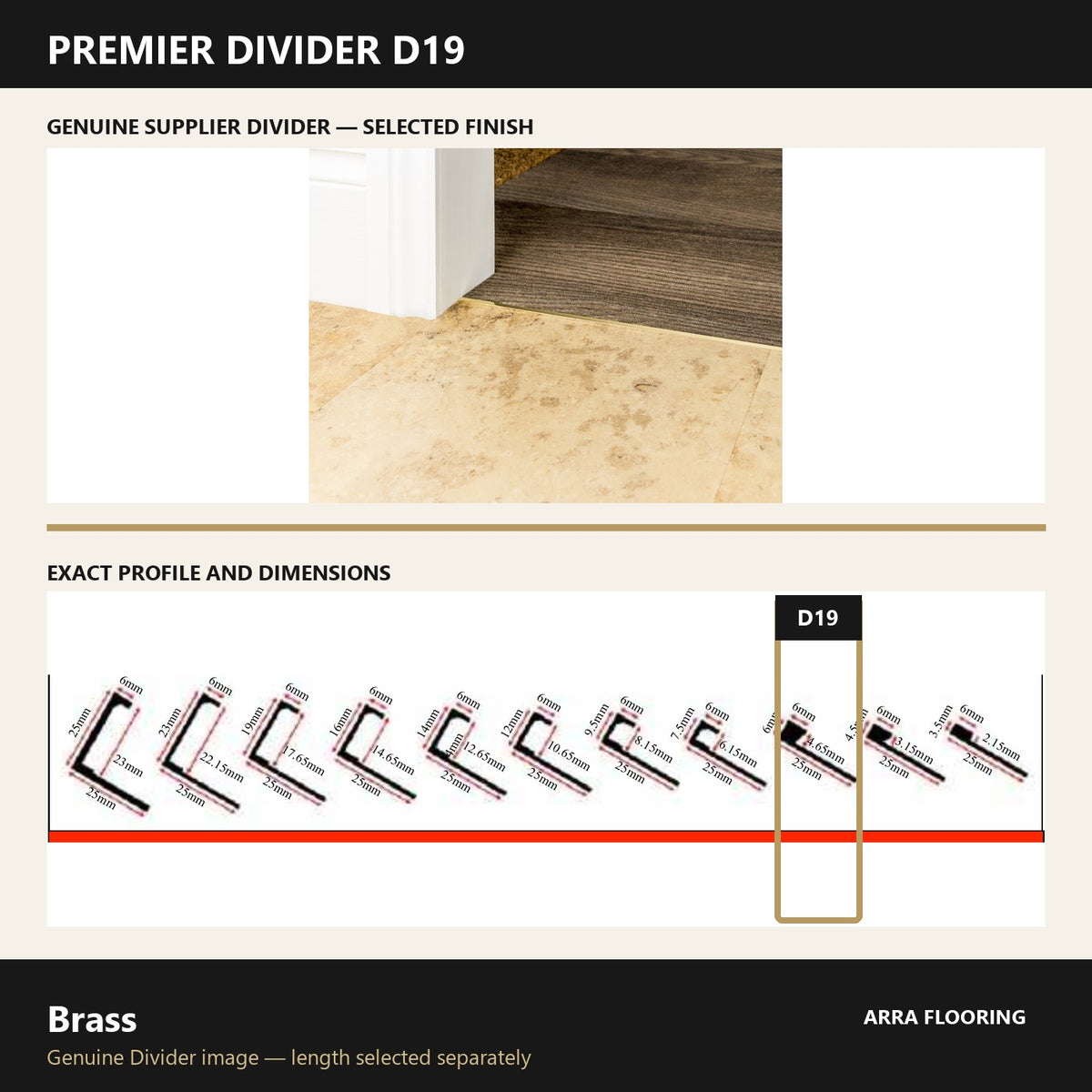 Premier Divider D19 in Brass — genuine Divider image and dimensioned profile
