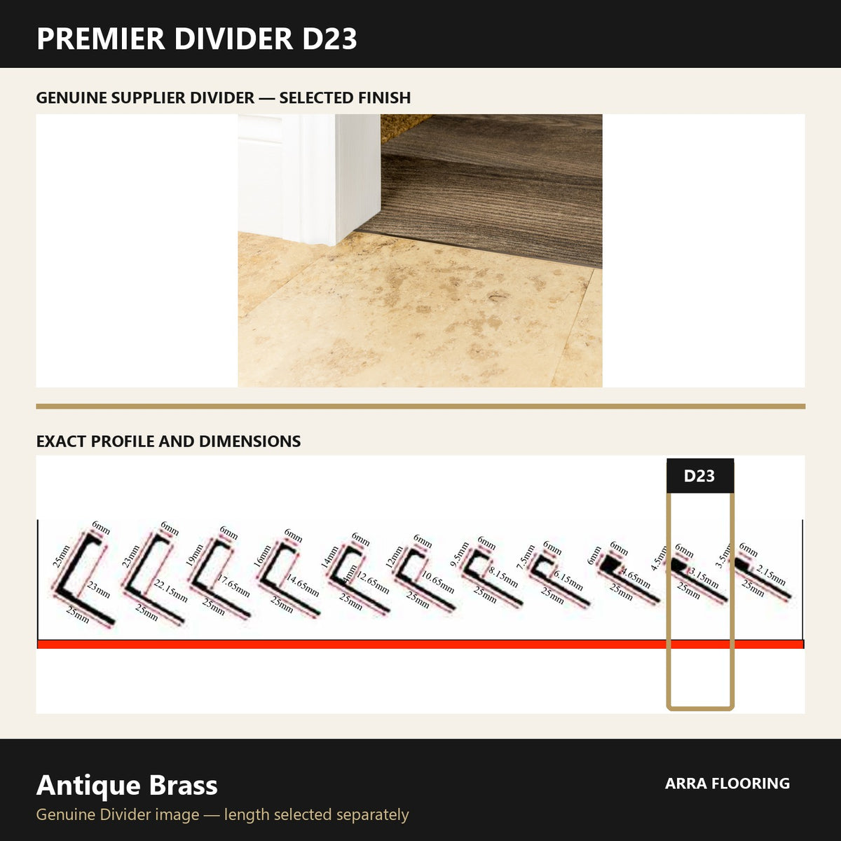 Premier Divider D23 in Antique Brass — genuine Divider image and dimensioned profile