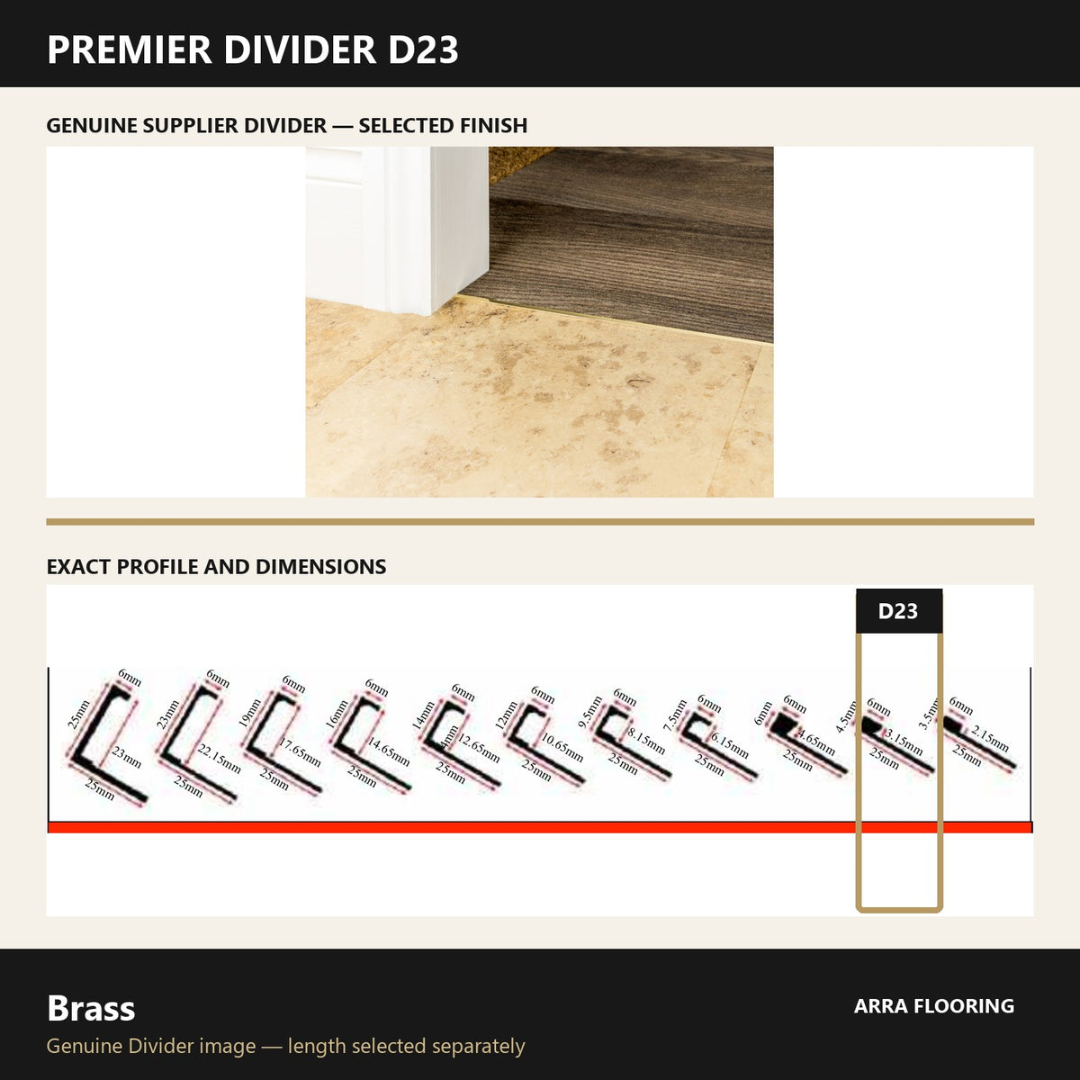 Premier Divider D23 in Brass — genuine Divider image and dimensioned profile