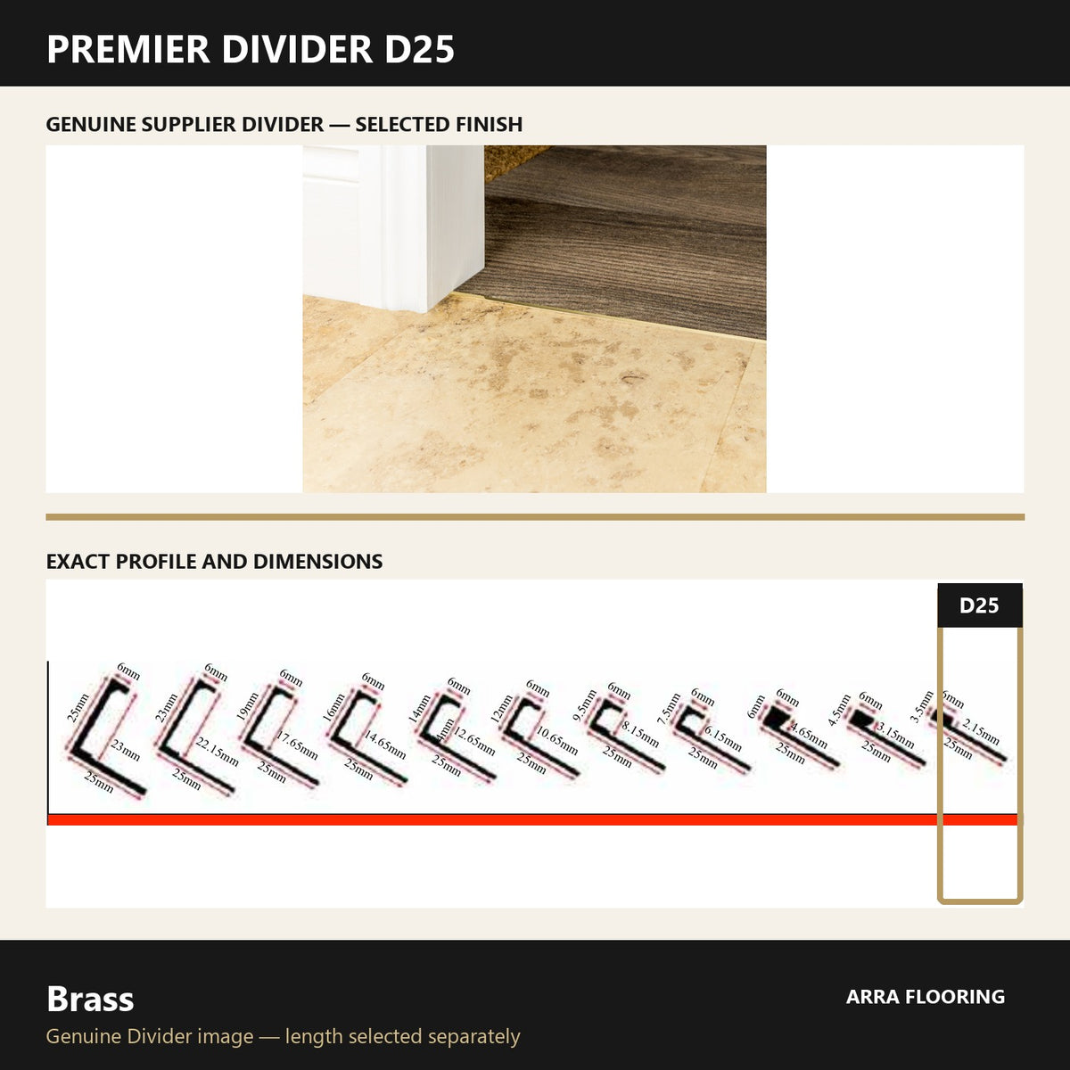 Premier Divider D25 in Brass — genuine Divider image and dimensioned profile