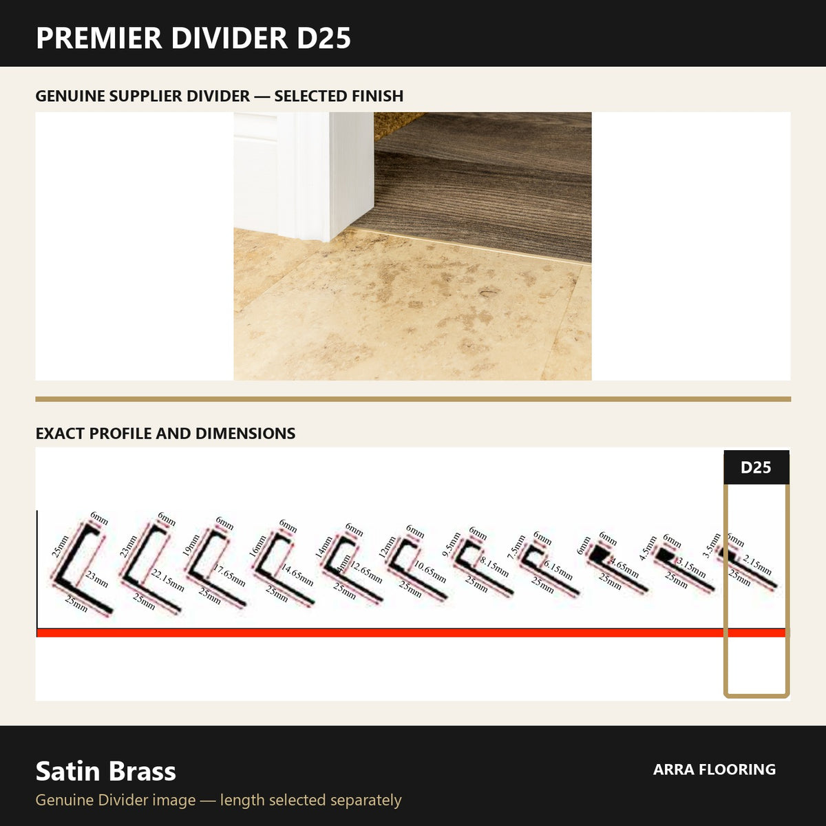 Premier Divider D25 in Satin Brass — genuine Divider image and dimensioned profile