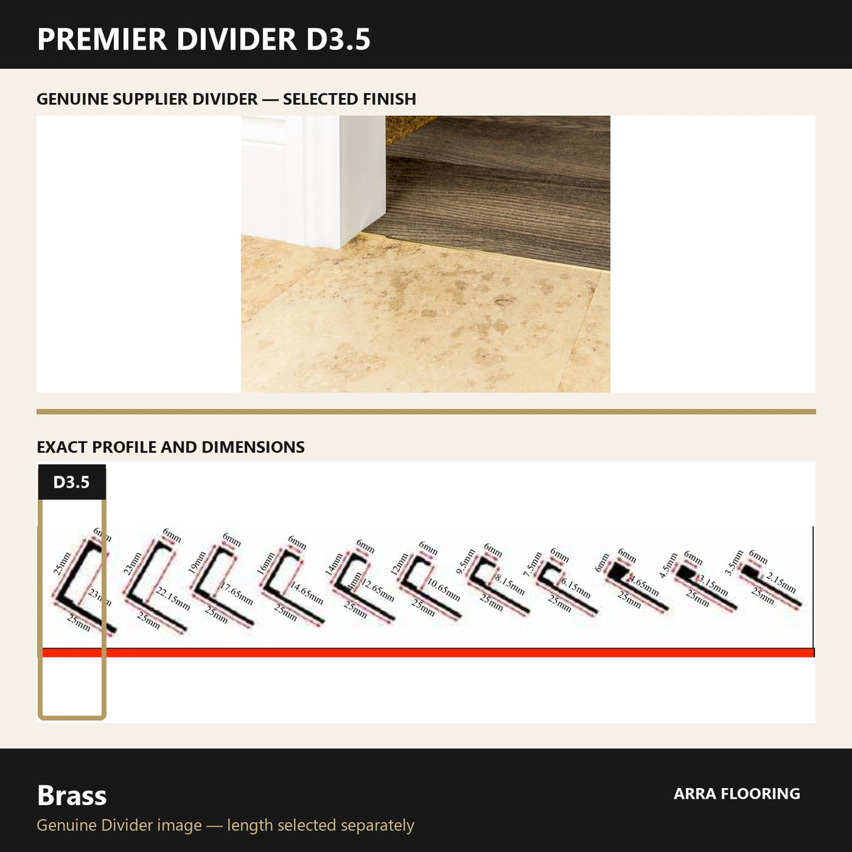 Premier Divider D3.5 in Brass — genuine Divider image and dimensioned profile