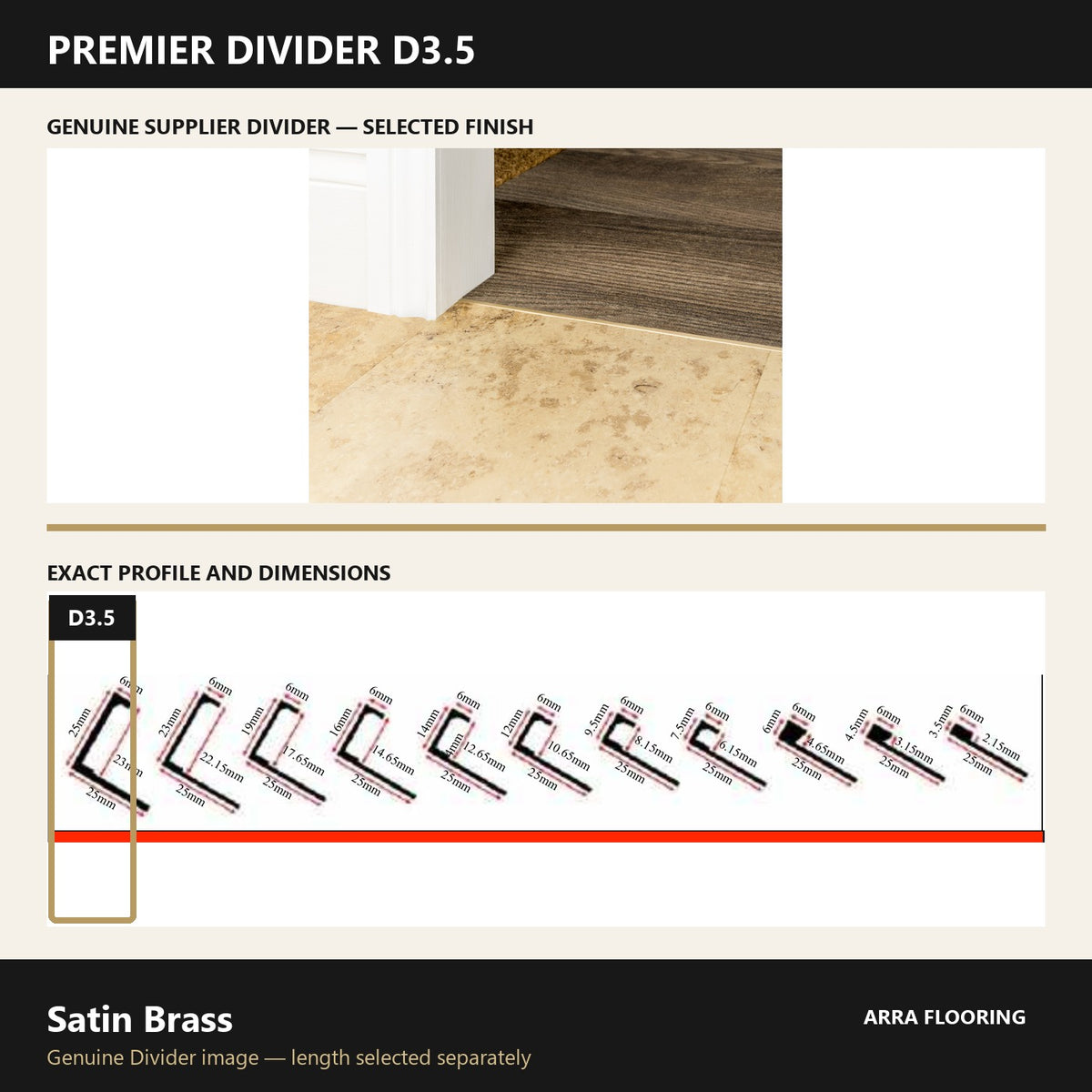 Premier Divider D3.5 in Satin Brass — genuine Divider image and dimensioned profile