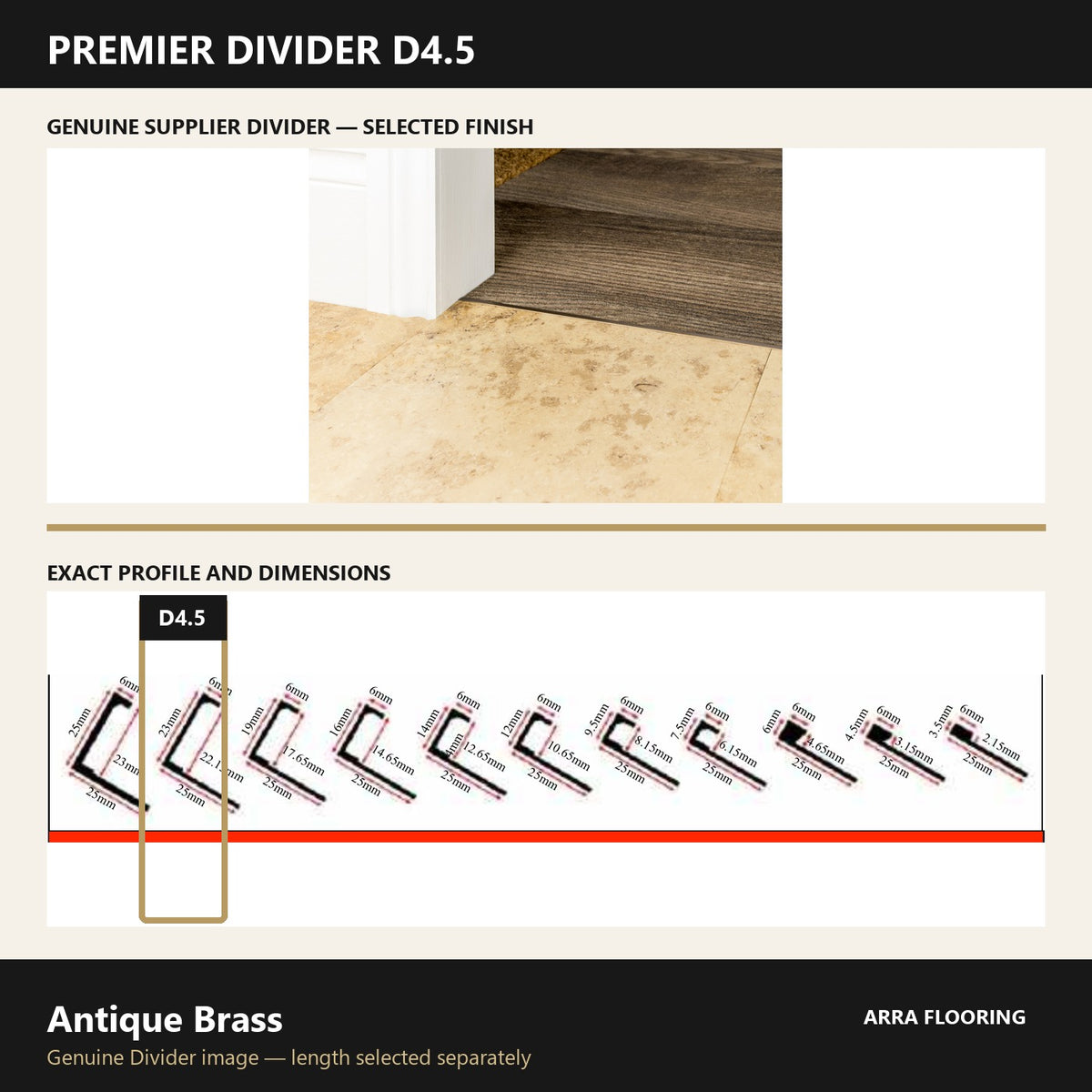 Premier Divider D4.5 in Antique Brass — genuine Divider image and dimensioned profile