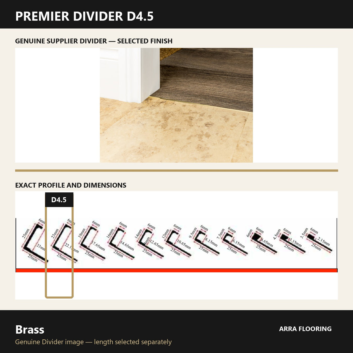 Premier Divider D4.5 in Brass — genuine Divider image and dimensioned profile