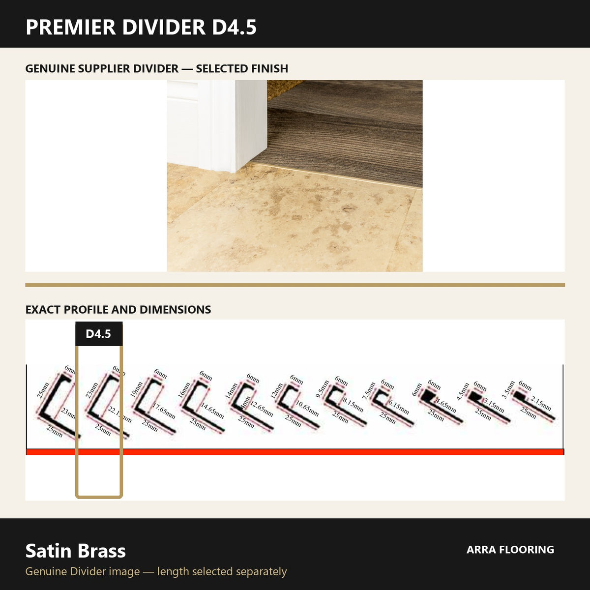 Premier Divider D4.5 in Satin Brass — genuine Divider image and dimensioned profile