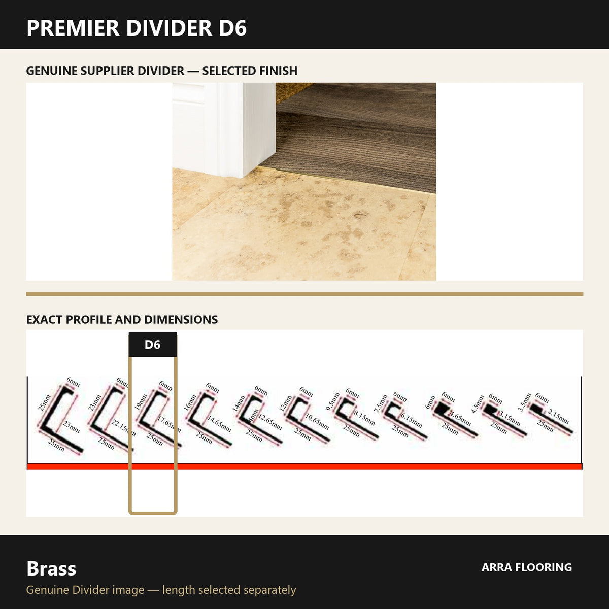 Premier Divider D6 in Brass — genuine Divider image and dimensioned profile