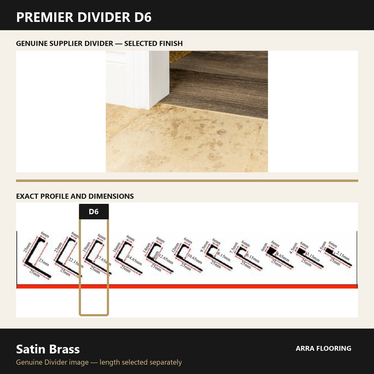 Premier Divider D6 in Satin Brass — genuine Divider image and dimensioned profile