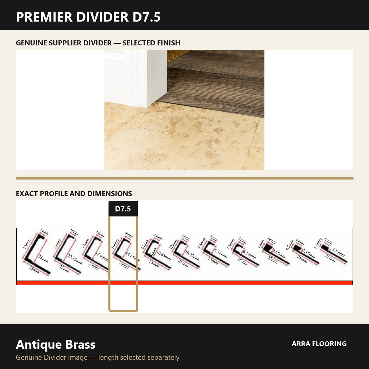 Premier Divider D7.5 in Antique Brass — genuine Divider image and dimensioned profile
