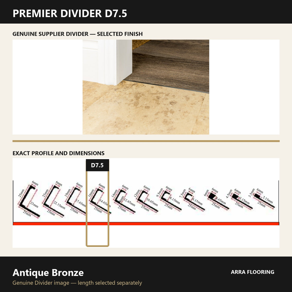 Premier Divider D7.5 in Antique Bronze — genuine Divider image and dimensioned profile