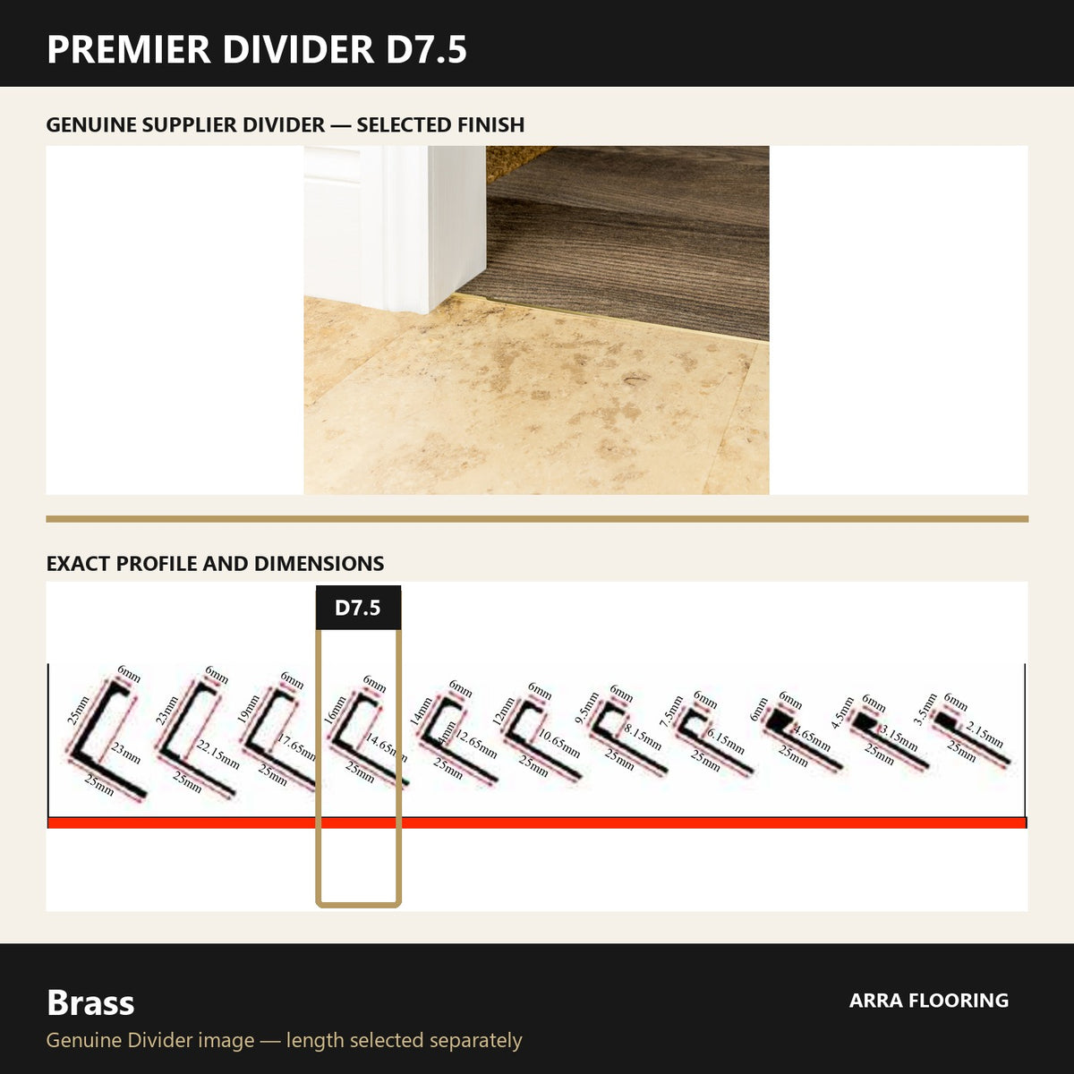 Premier Divider D7.5 in Brass — genuine Divider image and dimensioned profile