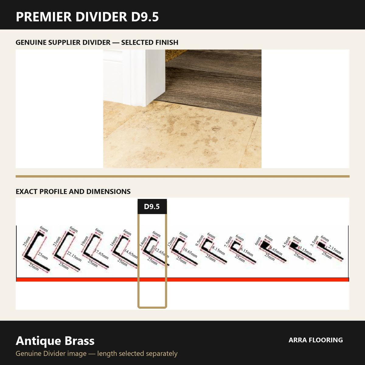 Premier Divider D9.5 in Antique Brass — genuine Divider image and dimensioned profile
