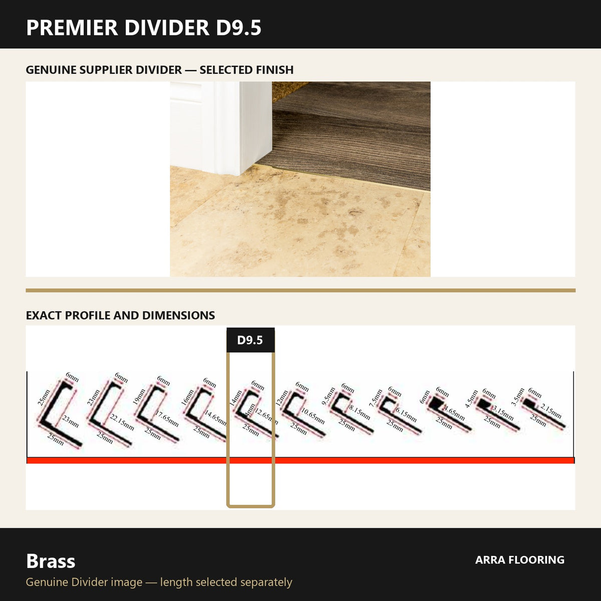 Premier Divider D9.5 in Brass — genuine Divider image and dimensioned profile