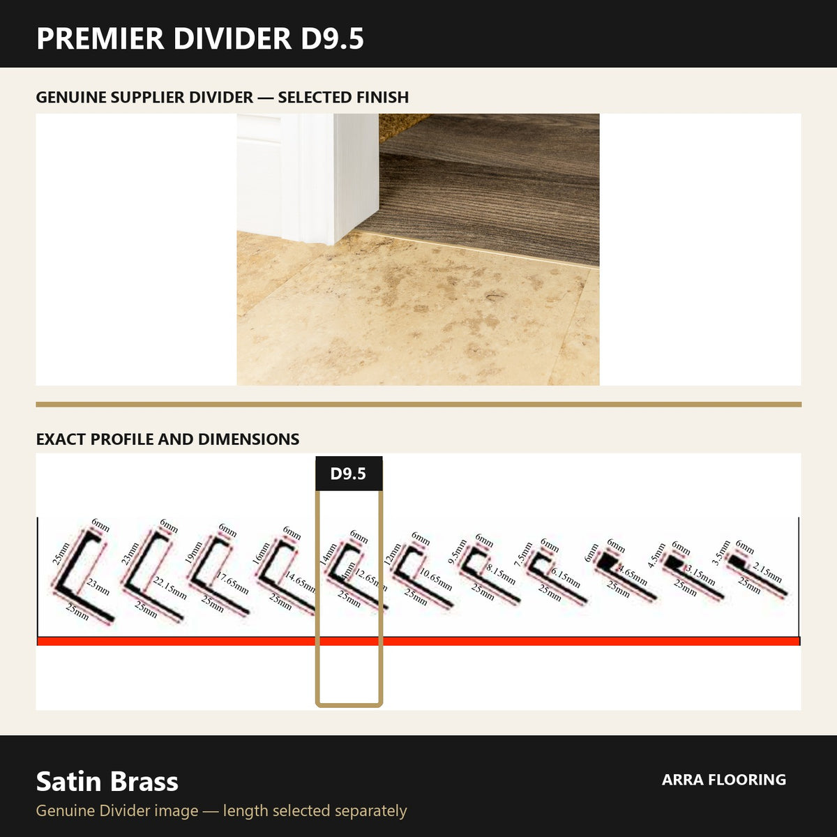 Premier Divider D9.5 in Satin Brass — genuine Divider image and dimensioned profile