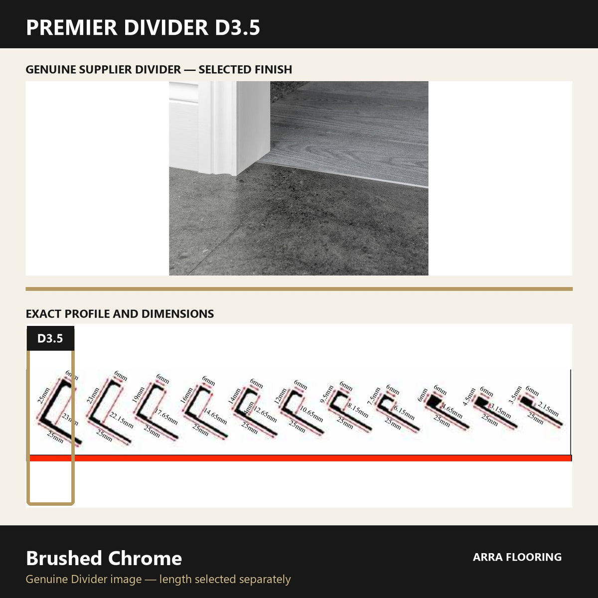 Premier Divider D3.5 in Brushed Chrome — genuine Divider image and dimensioned profile