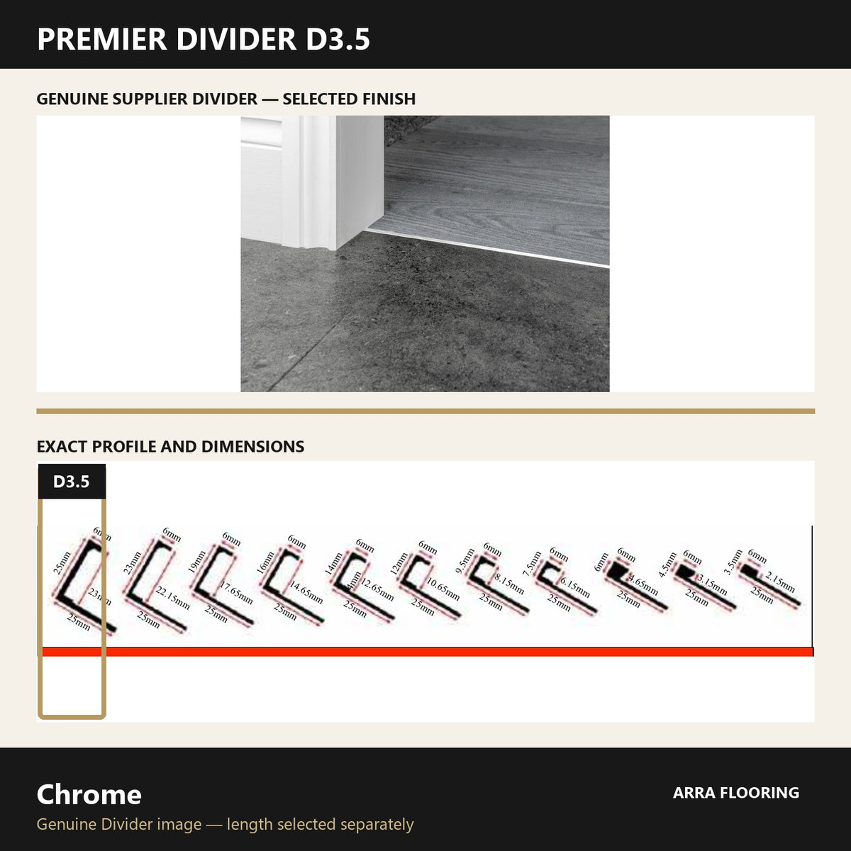 Premier Divider D3.5 in Chrome — genuine Divider image and dimensioned profile
