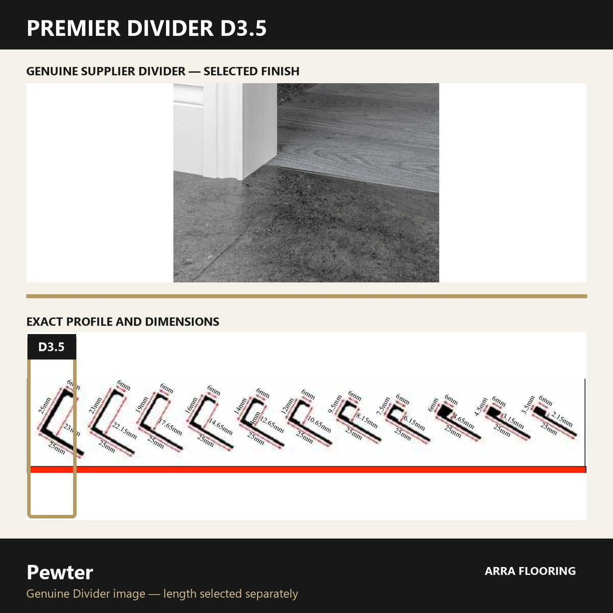 Premier Divider D3.5 in Pewter — genuine Divider image and dimensioned profile