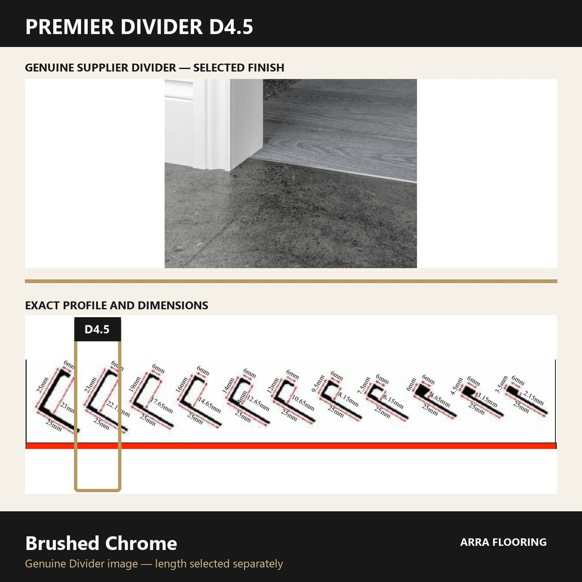 Premier Divider D4.5 in Brushed Chrome — genuine Divider image and dimensioned profile