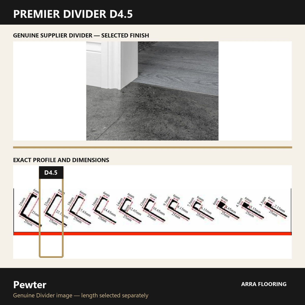Premier Divider D4.5 in Pewter — genuine Divider image and dimensioned profile