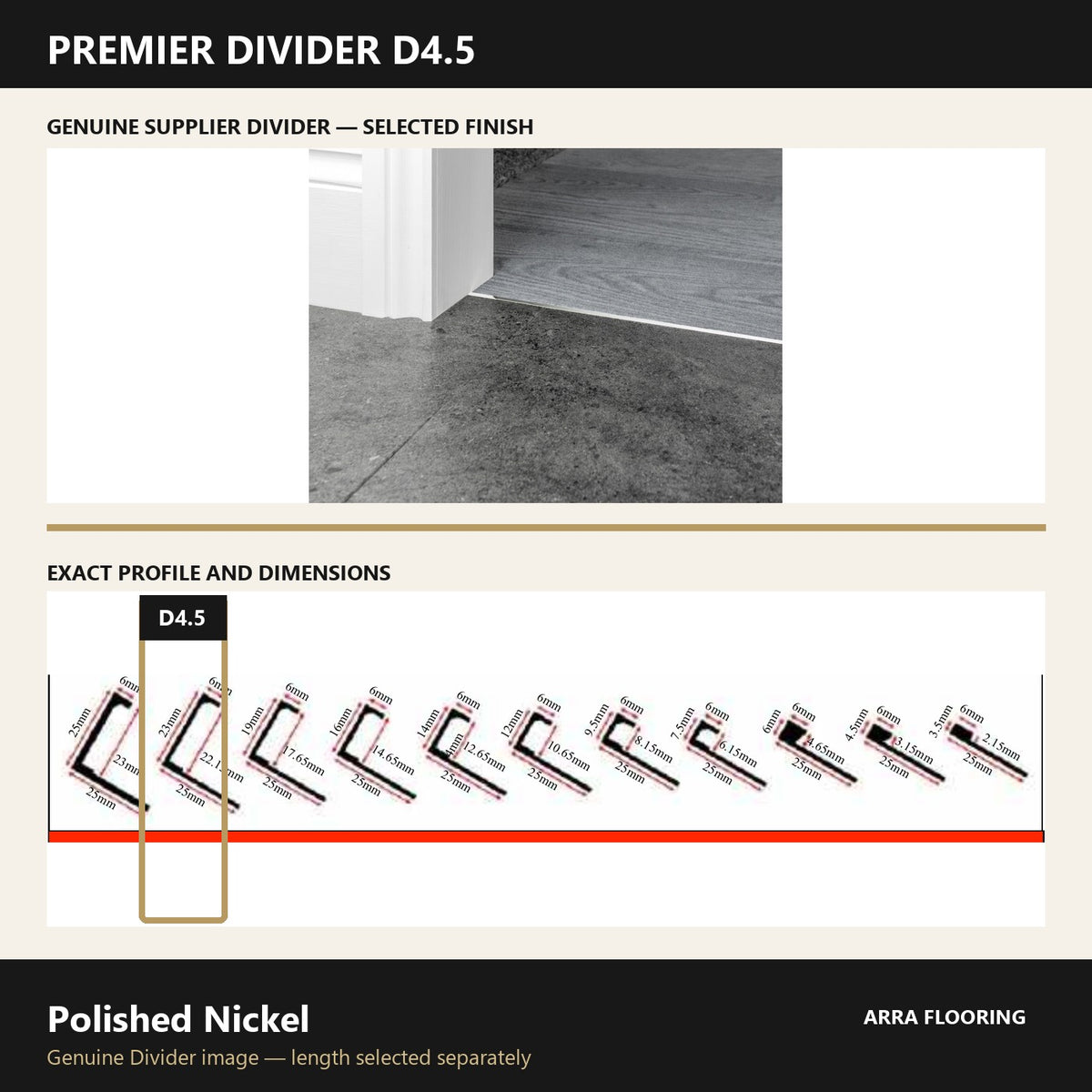Premier Divider D4.5 in Polished Nickel — genuine Divider image and dimensioned profile