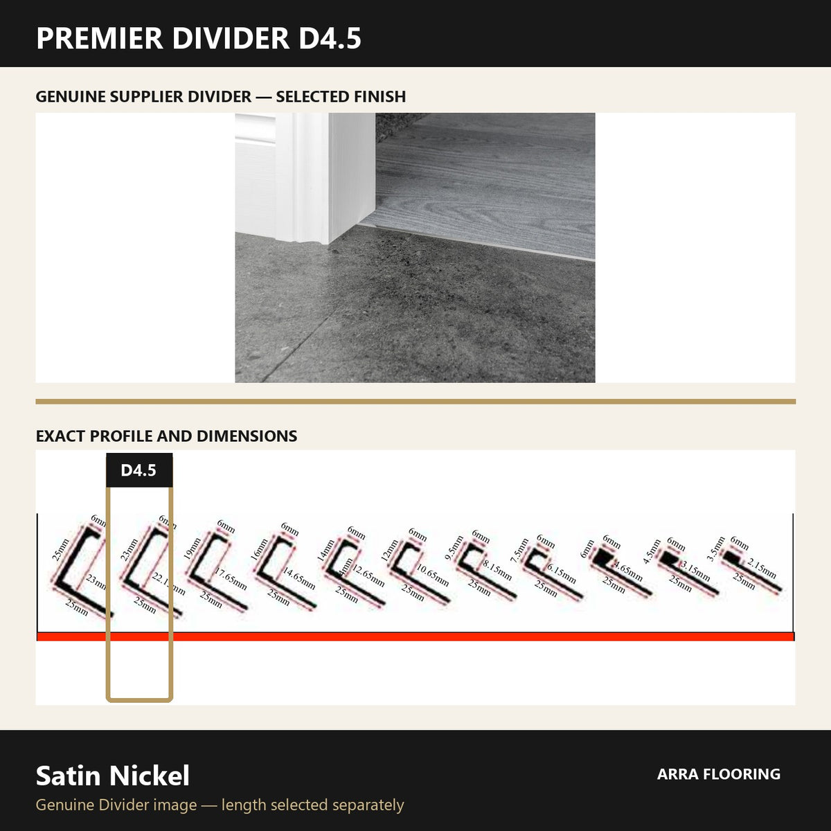 Premier Divider D4.5 in Satin Nickel — genuine Divider image and dimensioned profile