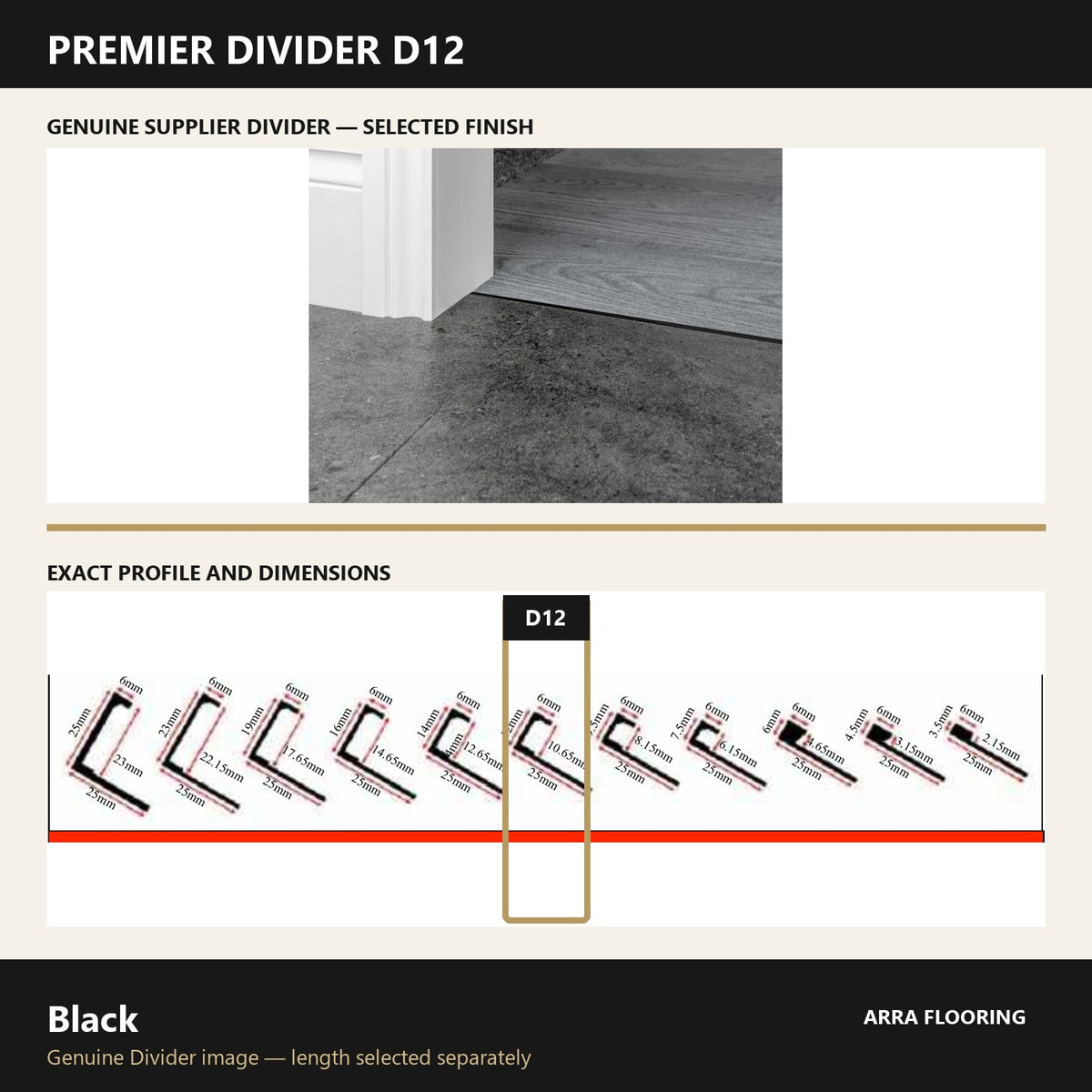 Premier Divider D12 in Black — genuine Divider image and dimensioned profile