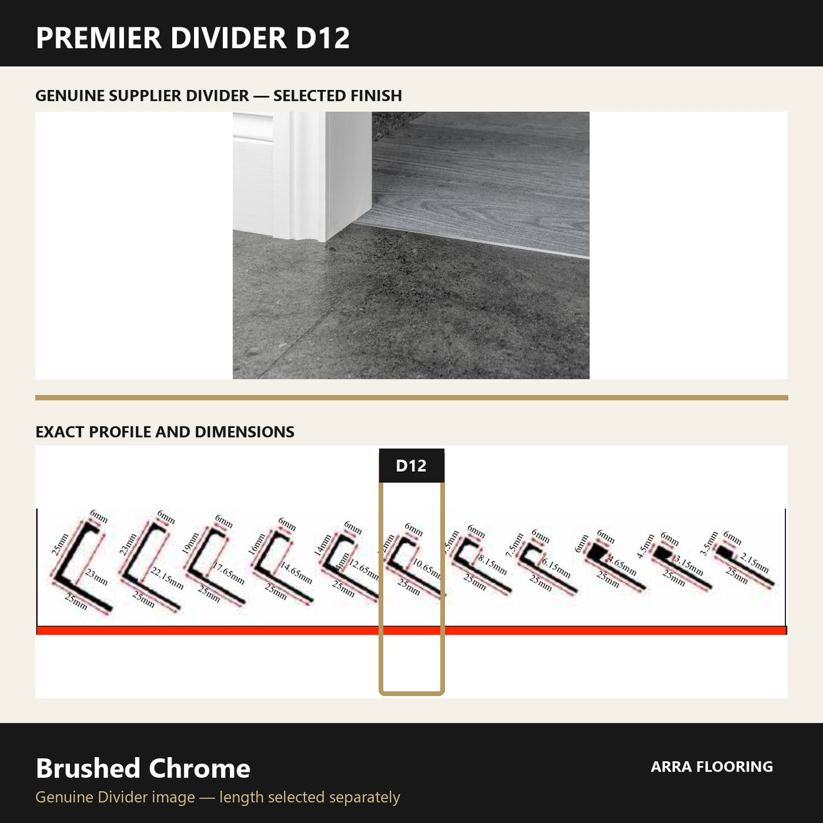 Premier Divider D12 in Brushed Chrome — genuine Divider image and dimensioned profile