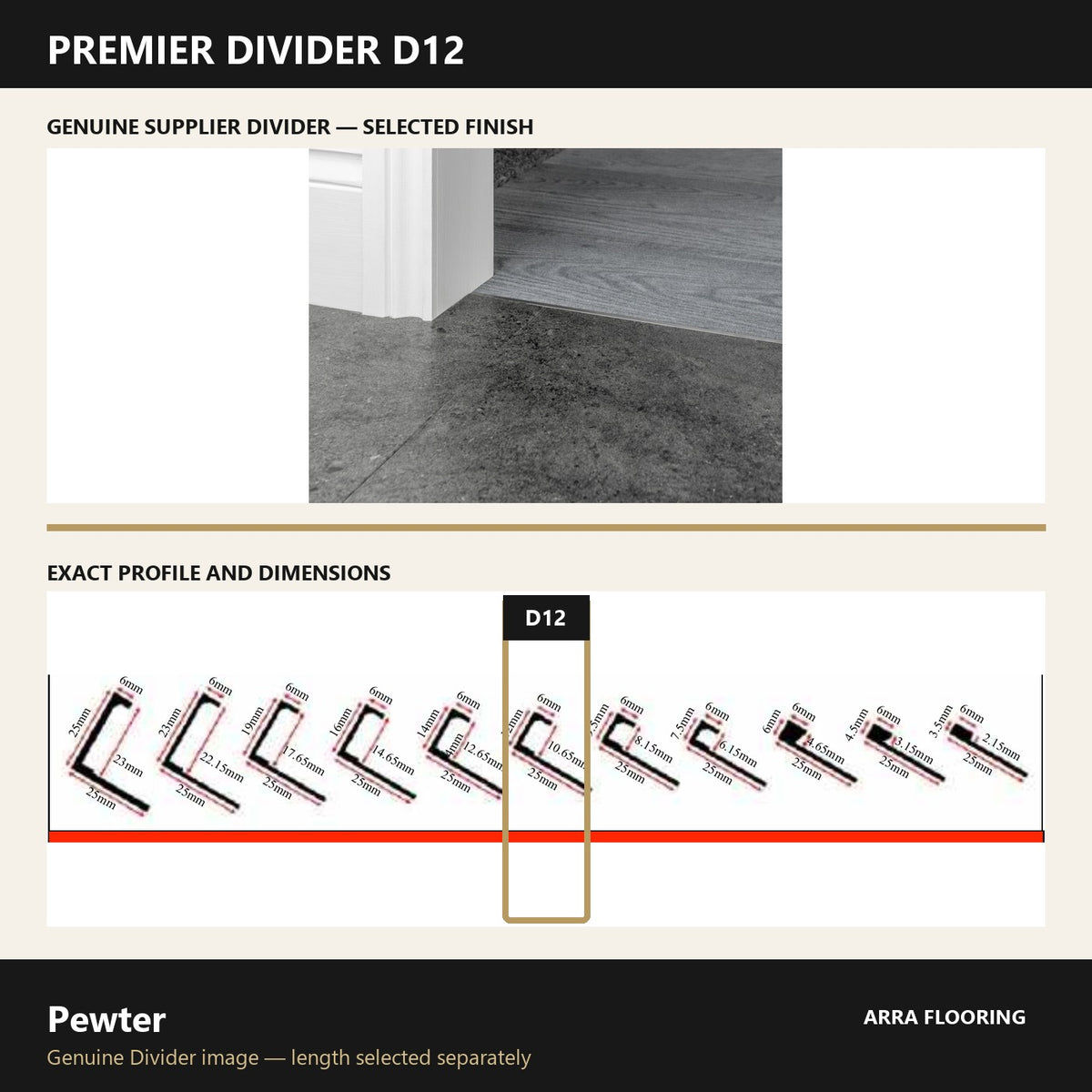 Premier Divider D12 in Pewter — genuine Divider image and dimensioned profile