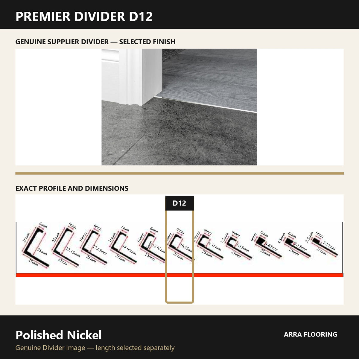 Premier Divider D12 in Polished Nickel — genuine Divider image and dimensioned profile