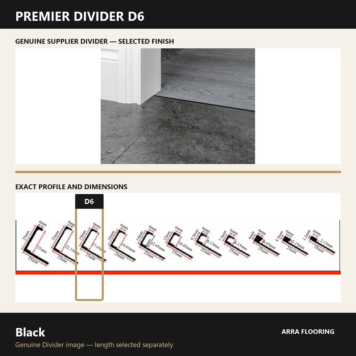 Premier Divider D6 in Black — genuine Divider image and dimensioned profile