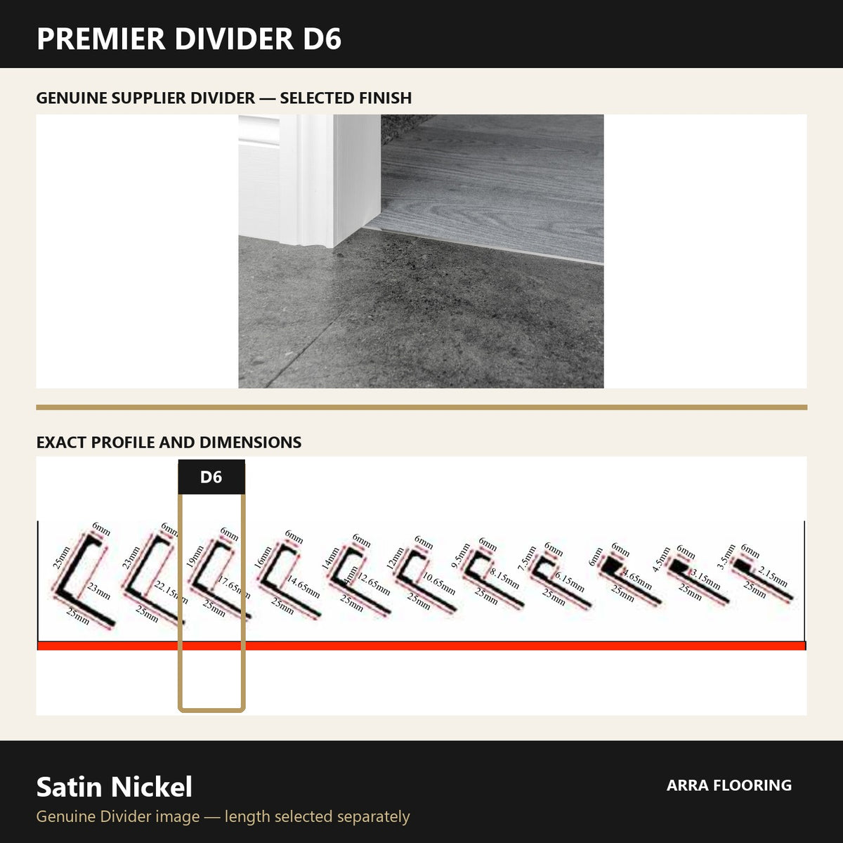 Premier Divider D6 in Satin Nickel — genuine Divider image and dimensioned profile