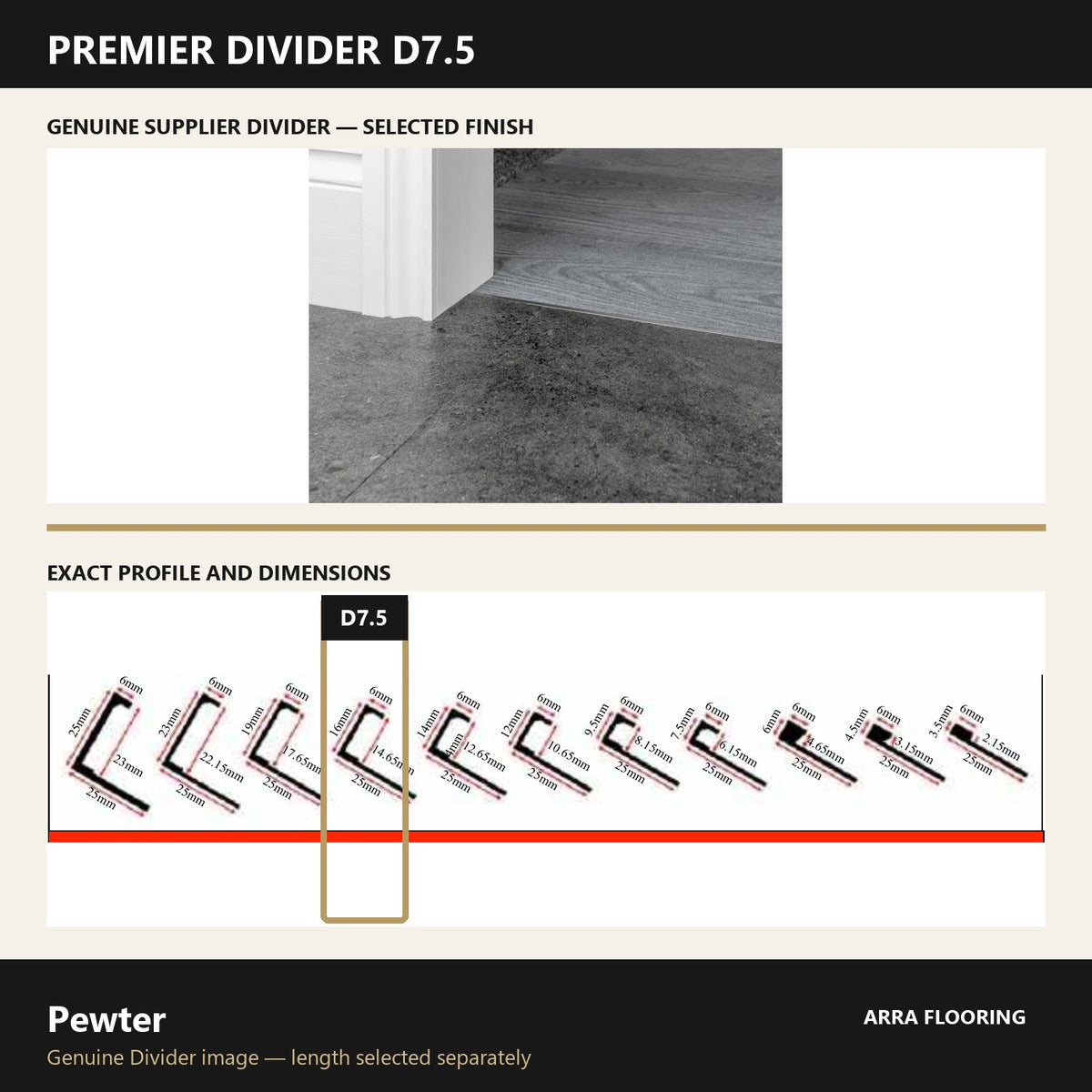Premier Divider D7.5 in Pewter — genuine Divider image and dimensioned profile