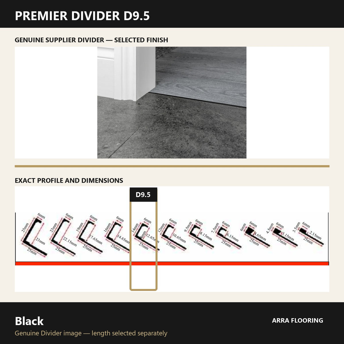 Premier Divider D9.5 in Black — genuine Divider image and dimensioned profile